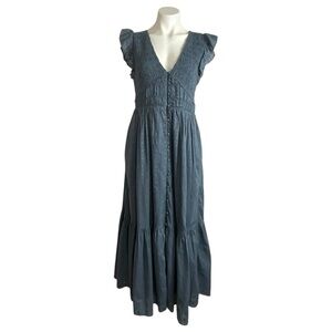 Anthropologie Slate Blue Maxi Dress with Ruffle Sleeves